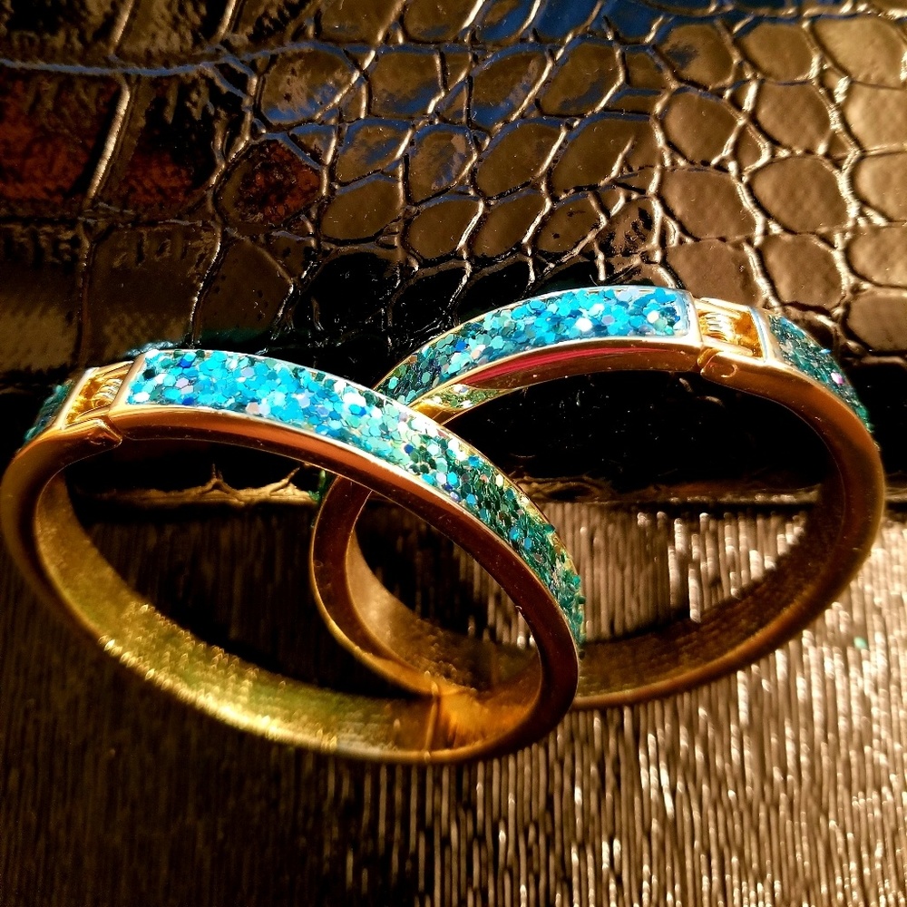 Turquoise Glittered Bangles, Set of 2